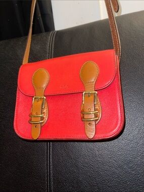 Lauren Ralph Lauren Mini Crossbody Messenger Bag Red/Tan leather w Dust Bag NWOT